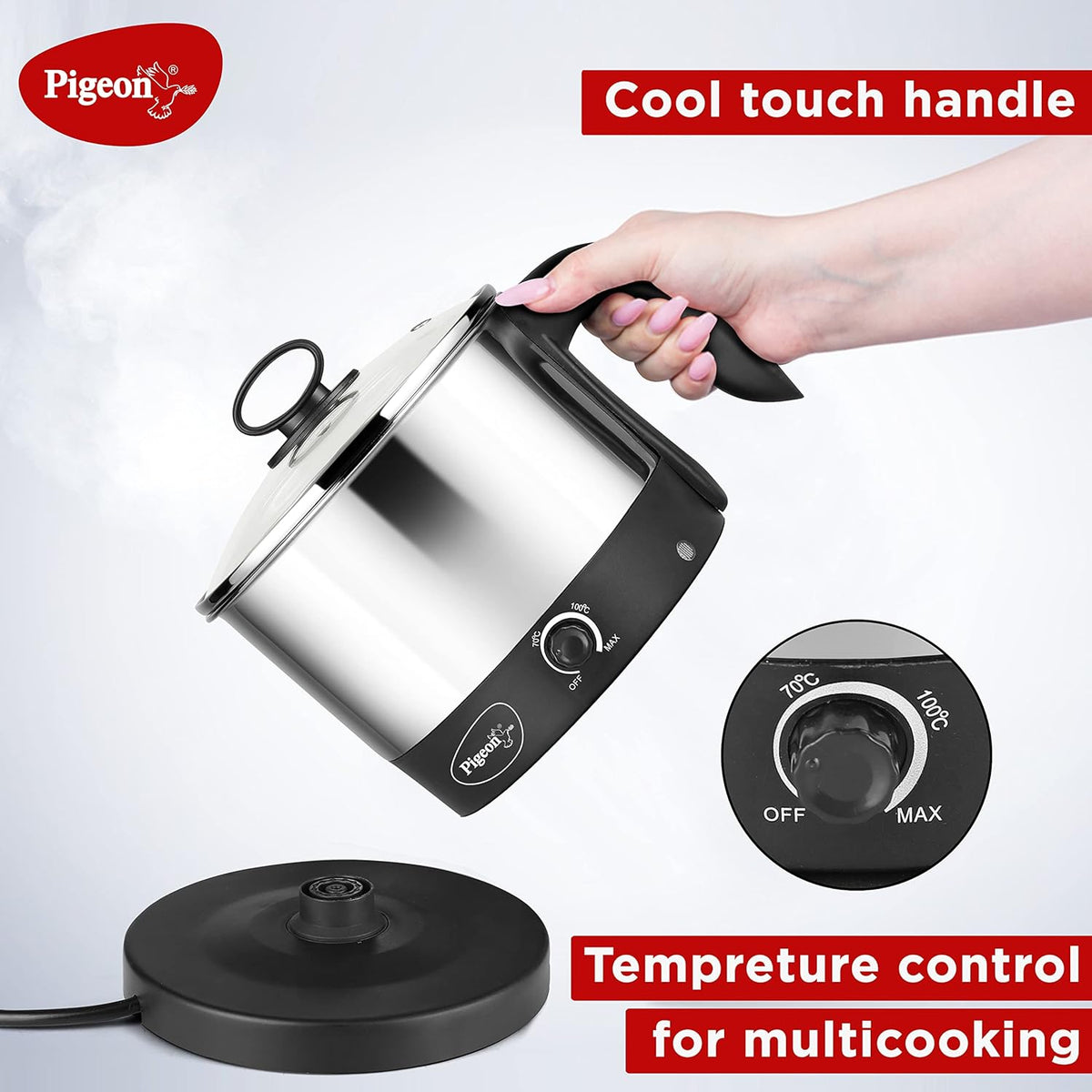 Pigeon Kessel Multipurpose Kettle (12173) 1.2 litres with Stainless Steel Body, used for boiling Water and milk, Tea, Coffee, Oats, Noodles, Soup etc. 600 Watt (Black & Silver)