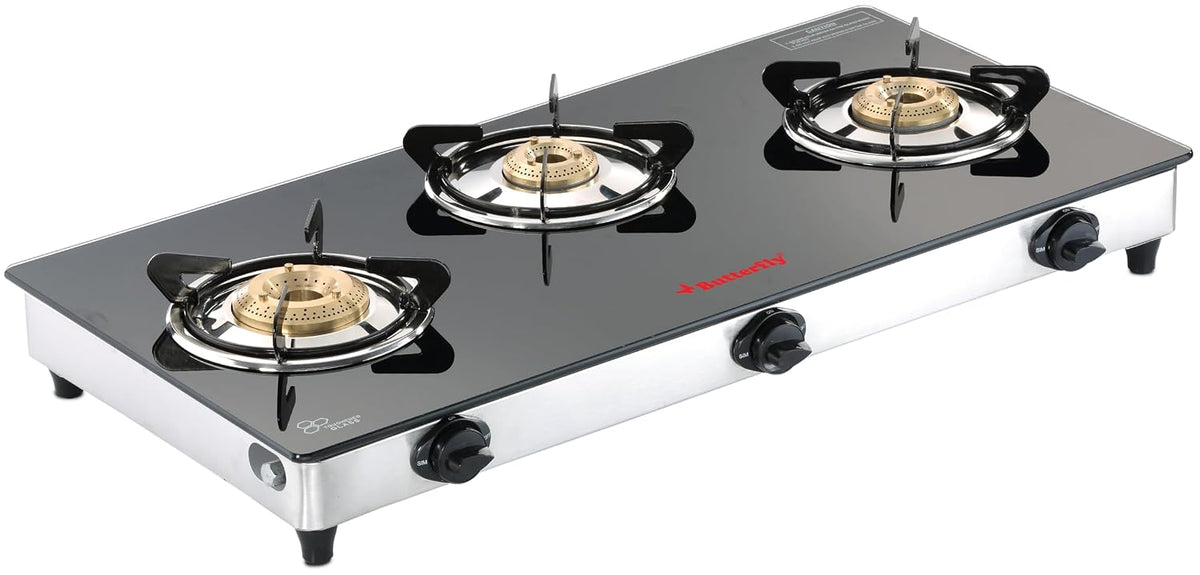 Butterfly Radiant Jumbo 3 Burner Glass Top Gas Stove | Tri-pin Brass Burners | 6mm Toughened Glass | Detachable Spill Tray | Enamel Pan Supports | Rust free SS Frame