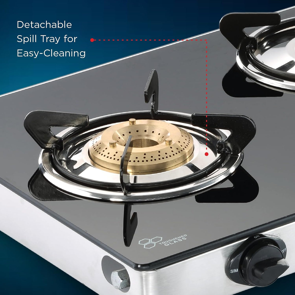 Butterfly Radiant Jumbo 3 Burner Glass Top Gas Stove | Tri-pin Brass Burners | 6mm Toughened Glass | Detachable Spill Tray | Enamel Pan Supports | Rust free SS Frame