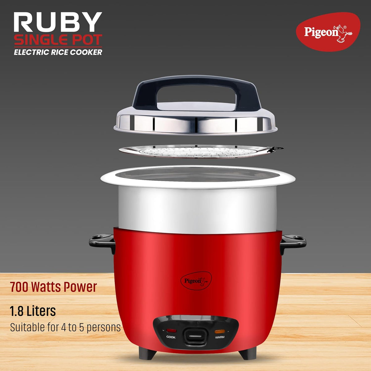 Pigeon by Stovekraft Ruby Rice Cooker with Single pot, 1.8 litres.(Red) | Stainless Steel Lid | 700 Watts | 1 Aluminium Cooking Pot | Measuring Cup| Spatula
