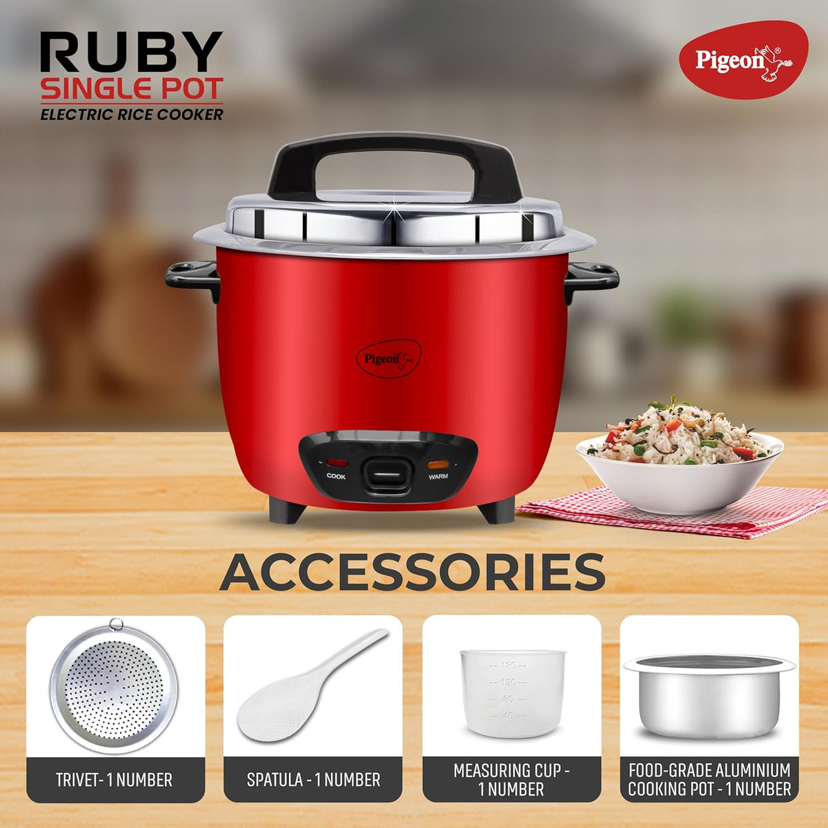 Pigeon by Stovekraft Ruby Rice Cooker with Single pot, 1.8 litres.(Red) | Stainless Steel Lid | 700 Watts | 1 Aluminium Cooking Pot | Measuring Cup| Spatula