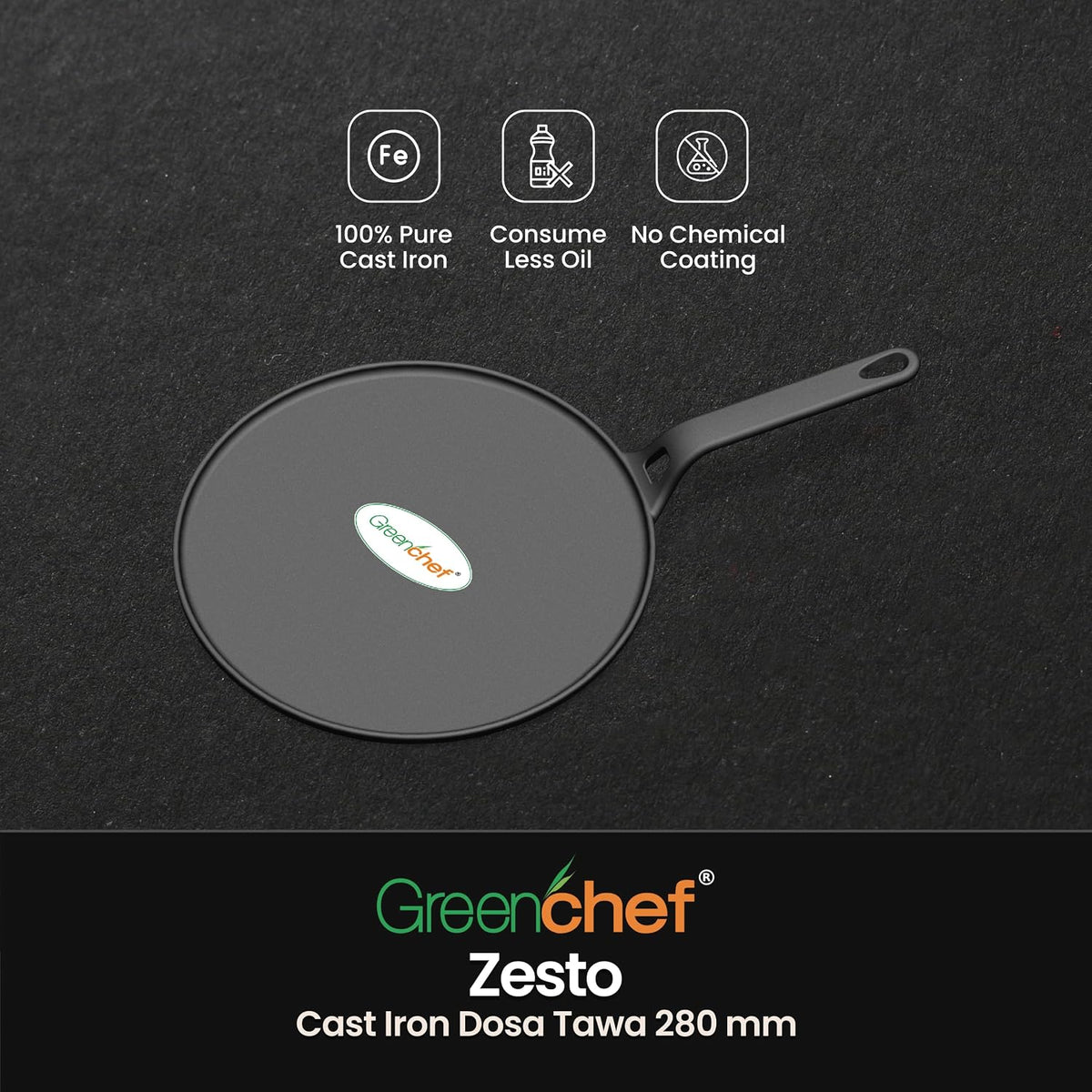 Greenchef Pre-Seasoned Cast Iron Zesto Doasa Tawa 28 cm | Pre-Seasoned with 100% Vegetable Oil | Naturally Nonstick | High Pressure Casting | High Strength | Bring Back Nostalgic Taste | Toxin-Free