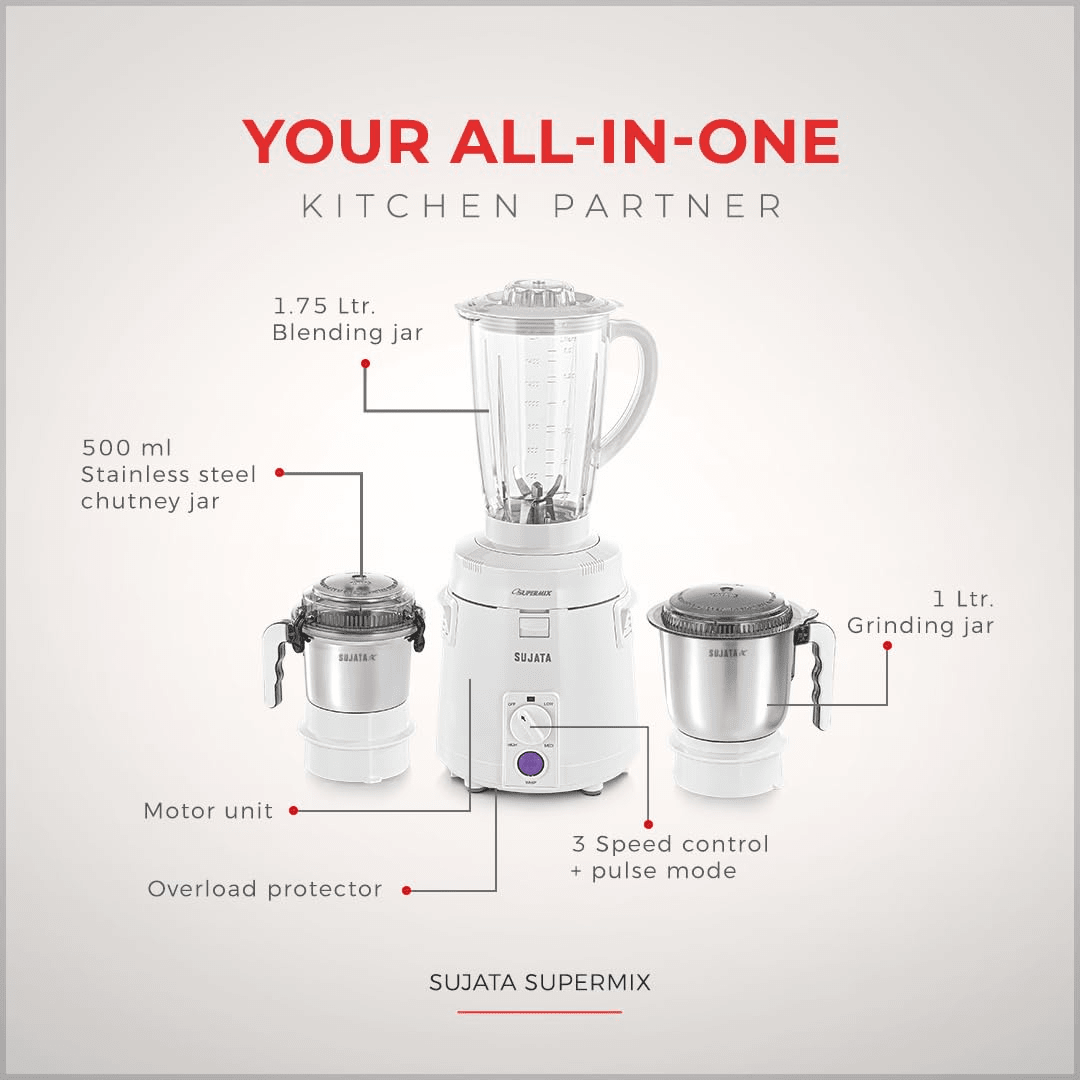 Sujata Supermix Mixer Grinder|900 Watts Double Ball Bearing Motor|22000 RPM|Non-Stop 90 Mins Running|3 Jars including 1750ml Blender, 1000ml Grinder, 500ml Chutney Jar| (White)