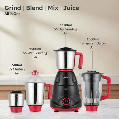 Prestige Regal 750W Mixer Grinder with 4 Jars (3 Stainless Steel Jars + 1 Juicer Jar) – Black & Red