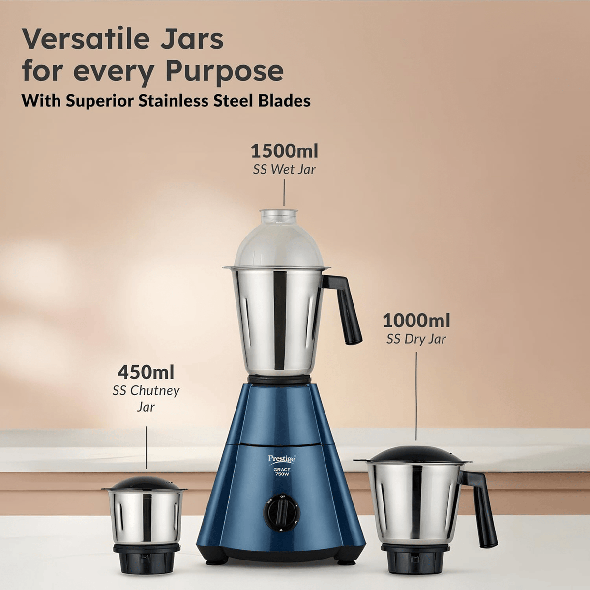 Prestige Grace 750W Mixer Grinder with 4 Jars (Blue & Black)