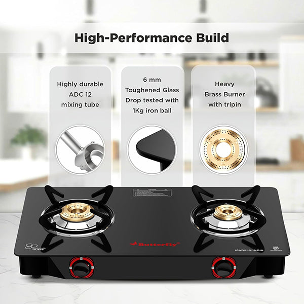 Butterfly Duo 2 Burner Black Glasstop Gas Stove