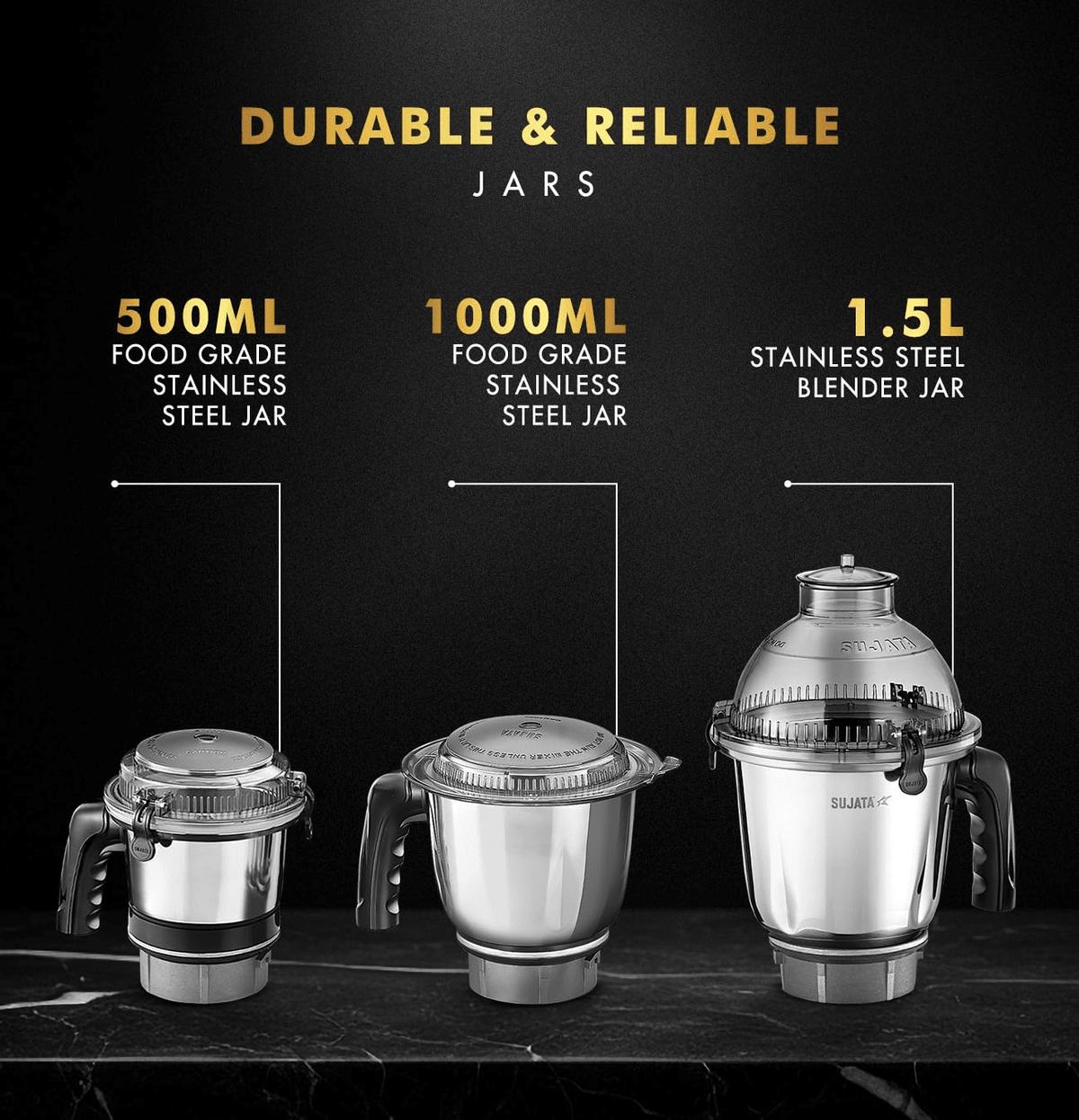 Sujata MG02 Mixer Grinder 1000Watts | Double Ball Bearing Motor|24000 RPM|Non-Stop 90 Mins Running|3 Food Grade Steel Jars including 1500ml Multipurpose, 1000ml Grinder, 500ml Chutney Jar| (Black)