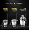 Sujata MG02 Mixer Grinder 1000Watts | Double Ball Bearing Motor|24000 RPM|Non-Stop 90 Mins Running|3 Food Grade Steel Jars including 1500ml Multipurpose, 1000ml Grinder, 500ml Chutney Jar| (Black)