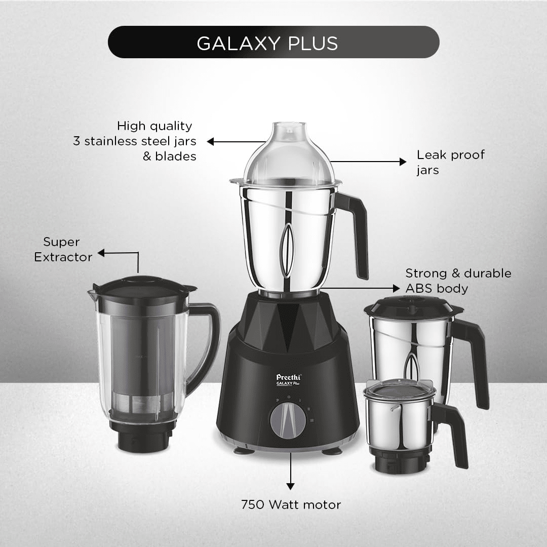 Preethi Galaxy Plus Mixer Grinder for Kitchen - 4 Jars 750 Watt Mixie (3 Stainless steel Jars+1 Super Extractor Juicer Jar), Flexi lids, Vega W5 motor, Black (MG-250)
