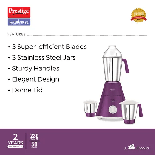 Prestige Nakshatra V2 Mixer Grinder 550W with 3 Stainless Steel Jars