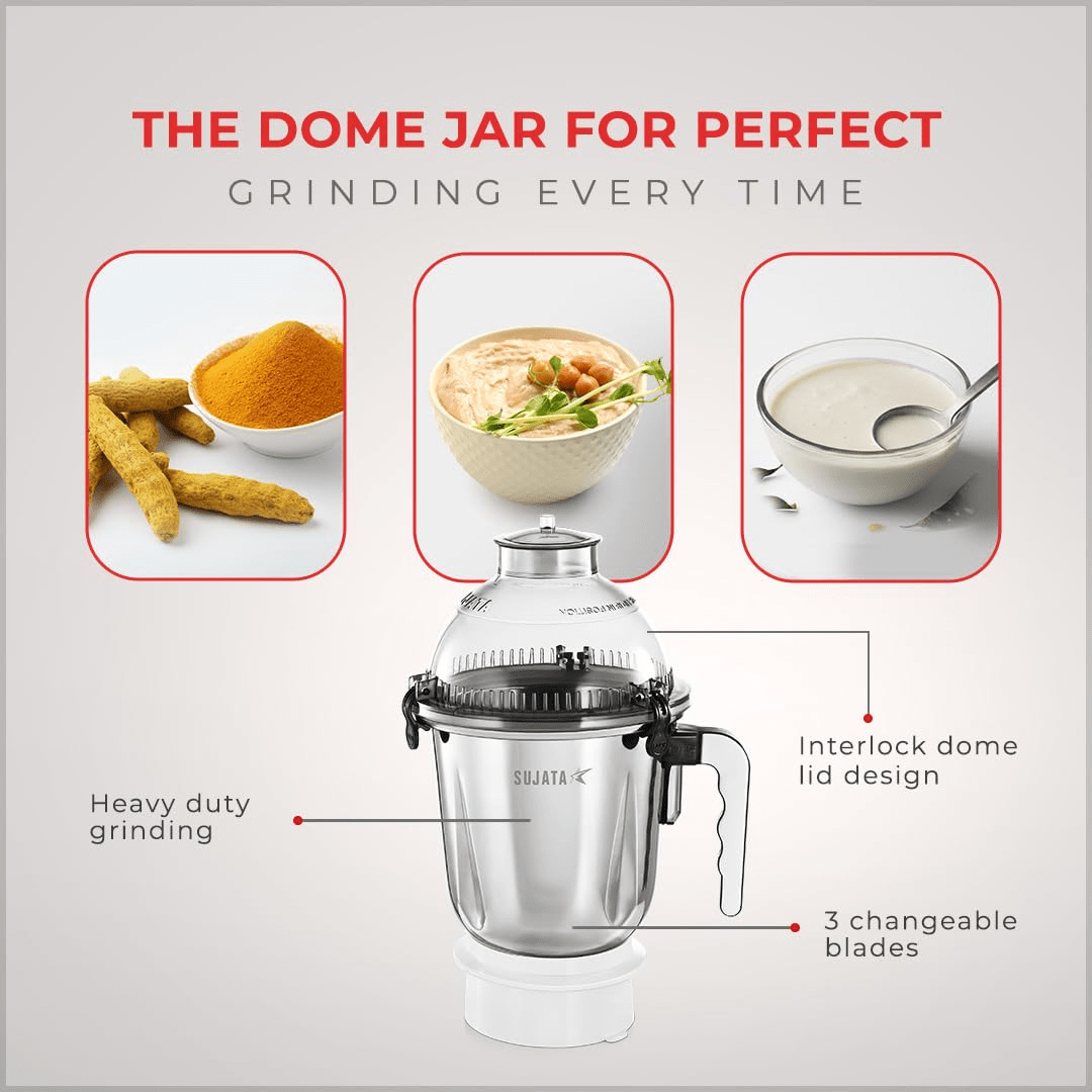 Sujata Dynamix 900 Watts Mixer Grinder | 22000 Rotations Per Min | 90 Minutes Continuous Running | 3 Versatile Jars 1500 ml, 1000 ml and 500 ml (White)