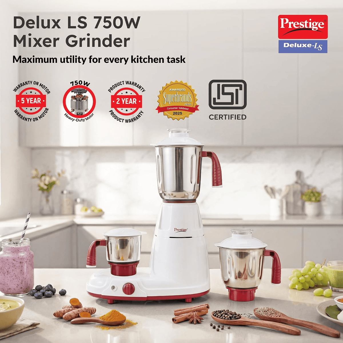 Prestige Deluxe LS 750W Mixer Grinder with 3 Stainless Steel Jars | Unique Fail-Safe Coupler | Flow Breaker Design | Cord Winder Storage | Red & White