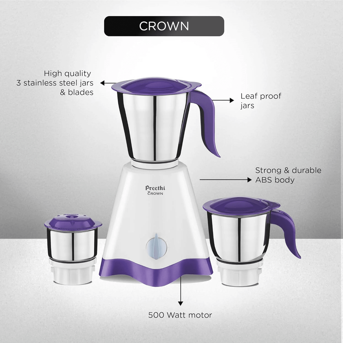 Preethi Crown Mixer Grinder – 500W – 3 Jar