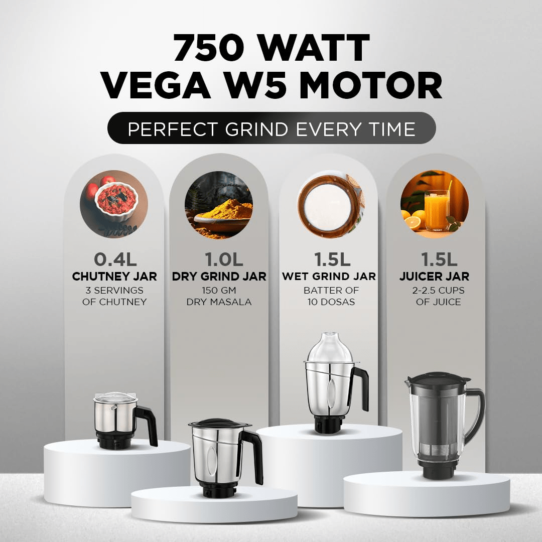 Preethi Galaxy Plus Mixer Grinder for Kitchen - 4 Jars 750 Watt Mixie (3 Stainless steel Jars+1 Super Extractor Juicer Jar), Flexi lids, Vega W5 motor, Black (MG-250)