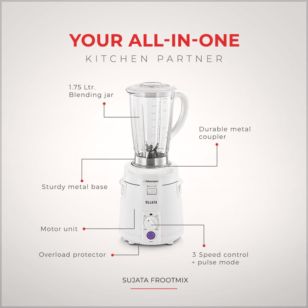 Sujata Frootmix Mixer Blender|900 Watts Double Ball Bearing Motor|22000 RPM|Non-Stop 90 Mins Running|1750ml Unbreakable Blender Jar with Heavy Metal Base| (White)