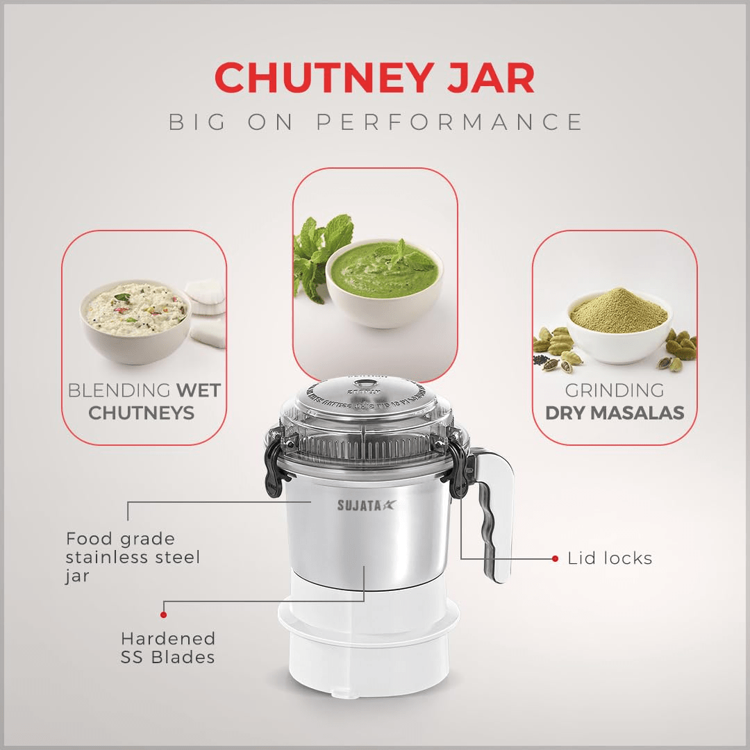 Sujata Supermix Mixer Grinder|900 Watts Double Ball Bearing Motor|22000 RPM|Non-Stop 90 Mins Running|3 Jars including 1750ml Blender, 1000ml Grinder, 500ml Chutney Jar| (White)
