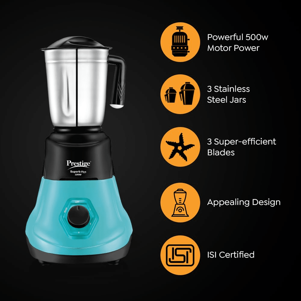 Prestige Superb Plus 500W Mixer Grinder with 3 Stainless Steel Jars | Blue & Black