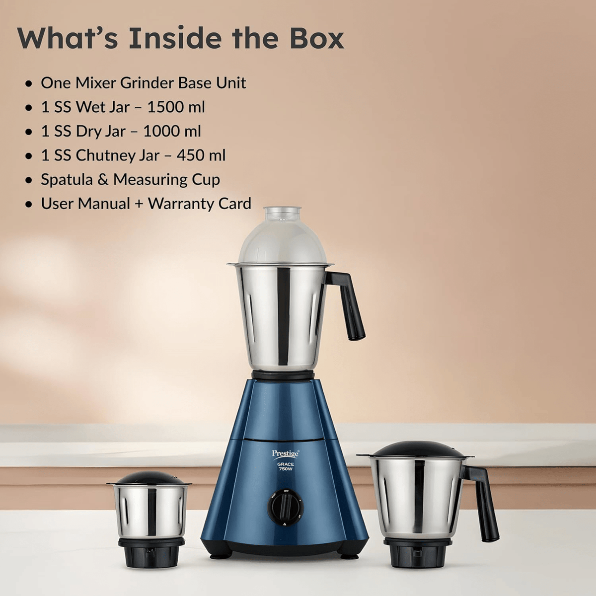 Prestige Grace 750W Mixer Grinder with 4 Jars (Blue & Black)