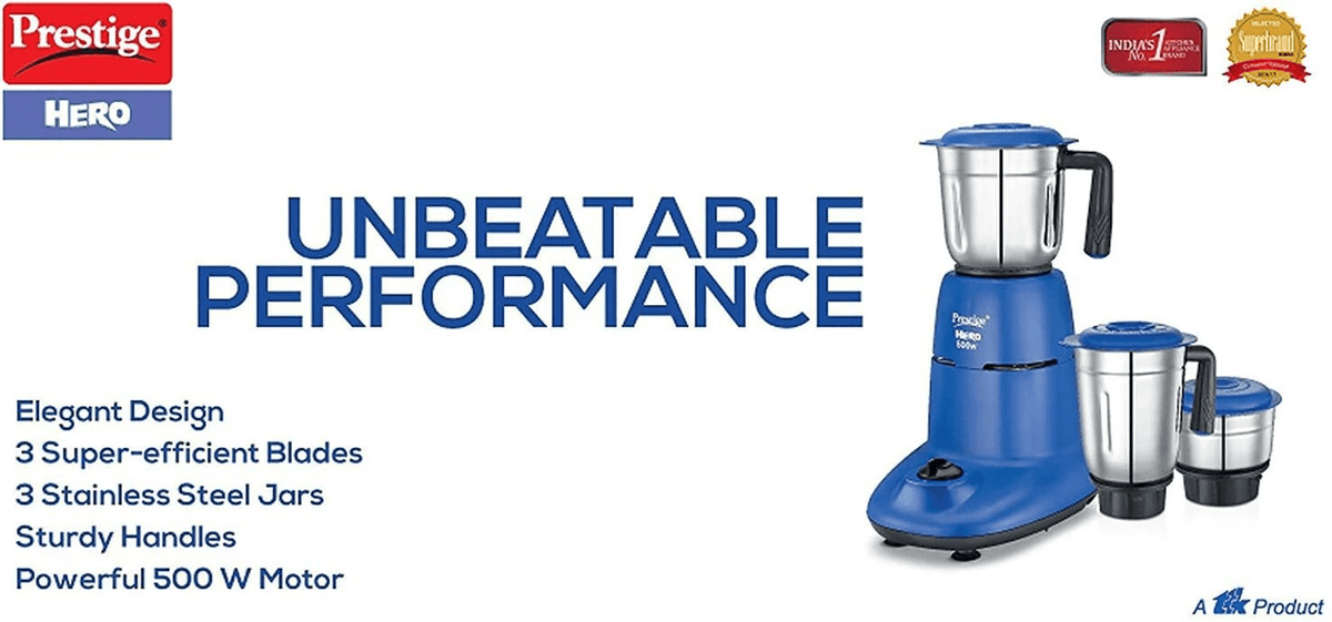 Prestige Hero 500W 3 Jar Stainless Steel Mixer Grinder (Blue)
