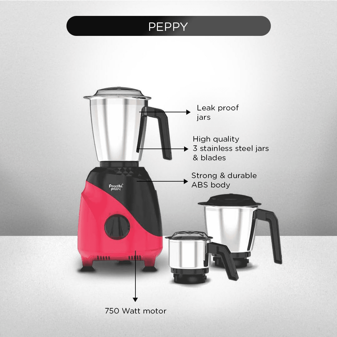 Preethi Peppy Mixer Grinder for Kitchen| 750 Watt Mixie, 3 jars | 5yr Motor Warranty & Lifelong Free Service | Black/Red (MG-245)
