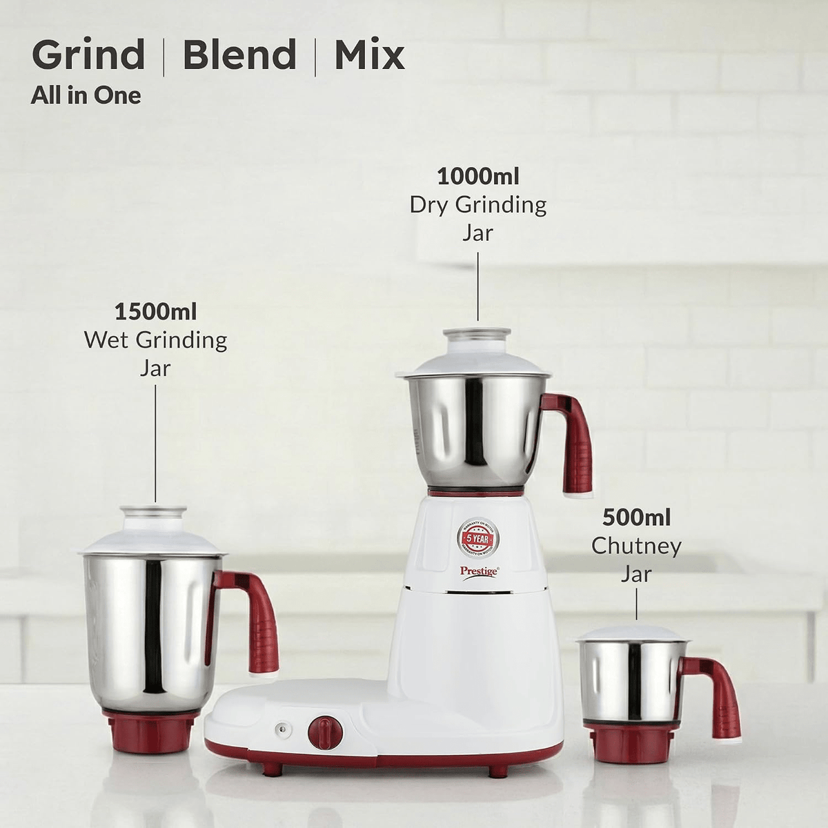 Prestige Deluxe LS 750W Mixer Grinder with 3 Stainless Steel Jars | Unique Fail-Safe Coupler | Flow Breaker Design | Cord Winder Storage | Red & White