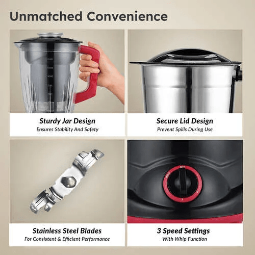 Prestige Regal 750W Mixer Grinder with 4 Jars (3 Stainless Steel Jars + 1 Juicer Jar) – Black & Red