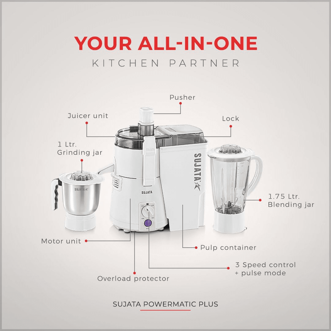 Sujata Powermatic Plus Juicer Mixer Grinder|900 Watts Double Ball Bearing Motor|22000 RPM|Non-Stop 90 Mins Running|2 Jars including 1750ml Blender, 1000ml Grinder Jar| (White)