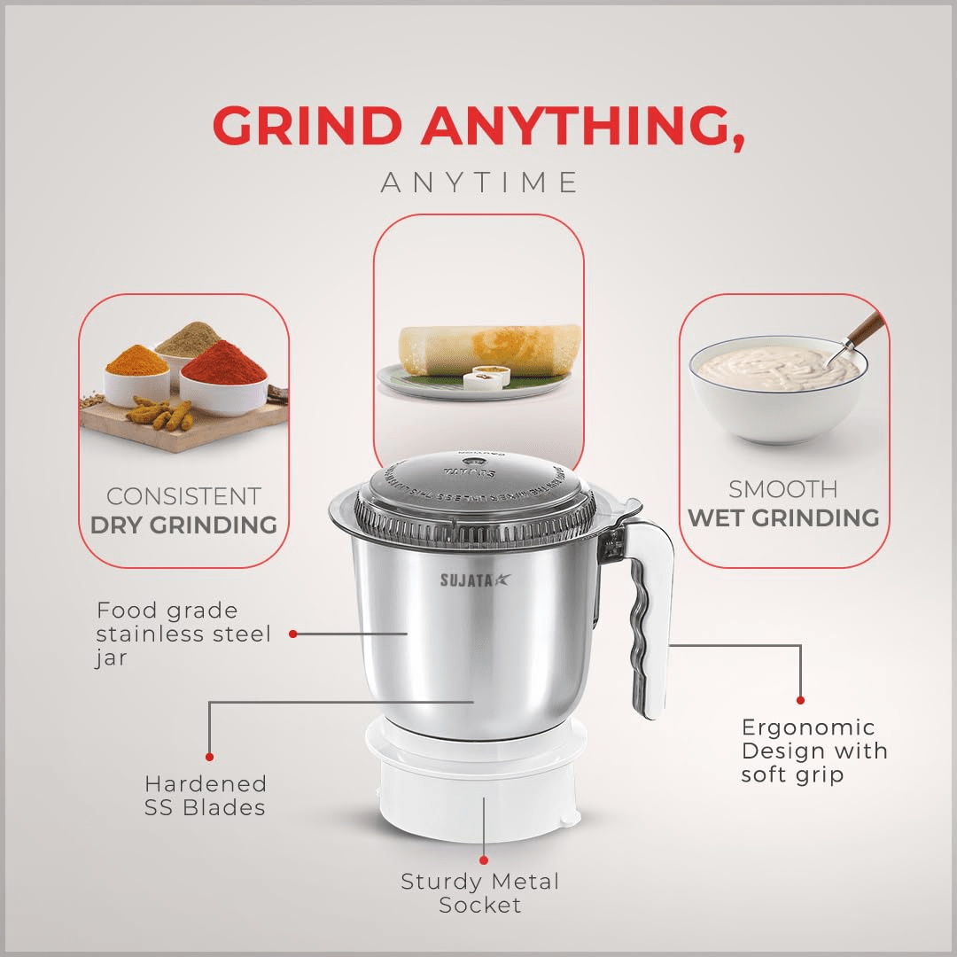 Sujata Supermix Mixer Grinder|900 Watts Double Ball Bearing Motor|22000 RPM|Non-Stop 90 Mins Running|3 Jars including 1750ml Blender, 1000ml Grinder, 500ml Chutney Jar| (White)