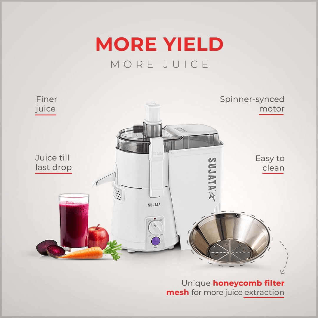 Sujata Powermatic Juicer |900 Watts Double Ball Bearing Motor|22000 RPM|Non-Stop 90 Mins Running| Centrifugal Juicer | White