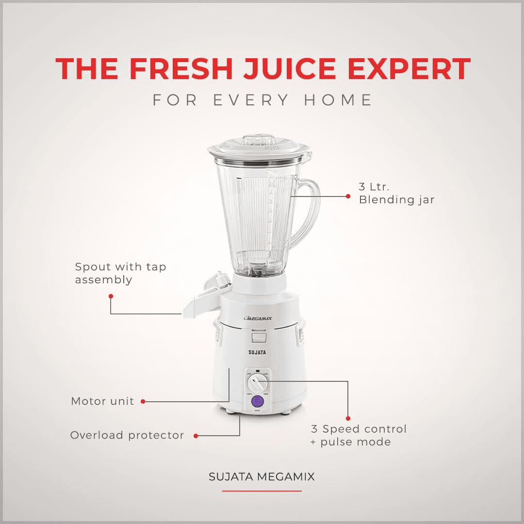 Sujata Megamix 900 Watts Mixer Blender | 22000 Rotations Per Min | 90 Minutes Continuous Running | Versatile Jar 3000 ml