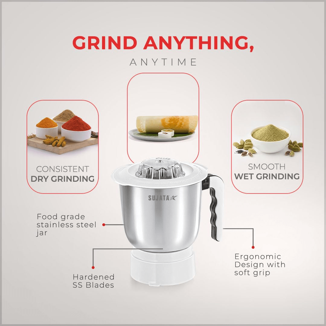 Sujata Powermatic Plus Juicer Mixer Grinder|900 Watts Double Ball Bearing Motor|22000 RPM|Non-Stop 90 Mins Running|2 Jars including 1750ml Blender, 1000ml Grinder Jar| (White)