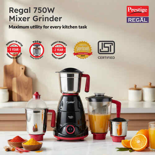 Prestige Regal 750W Mixer Grinder with 4 Jars (3 Stainless Steel Jars + 1 Juicer Jar) – Black & Red